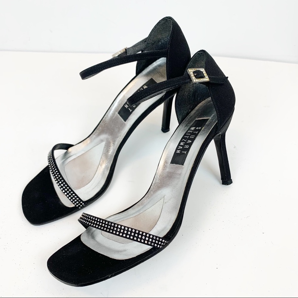 Stuart Weitzman crystal rhinestone black satin dress heels ankle straps